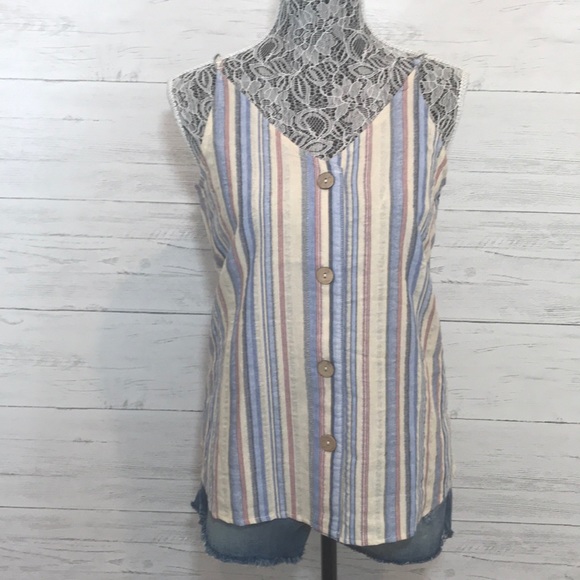 Striped V-Neck Button down Tank Spaghetti Straps - Picture 3 of 8